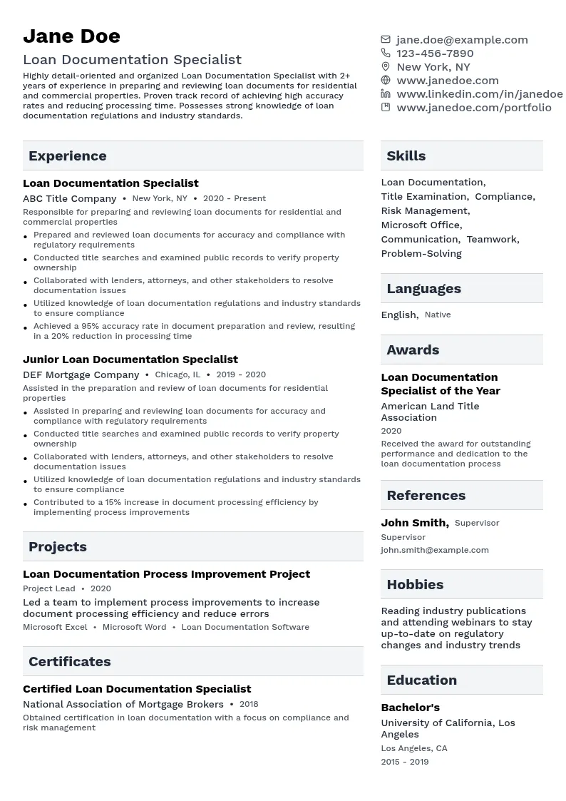 Loan Documentation Specialist resume example