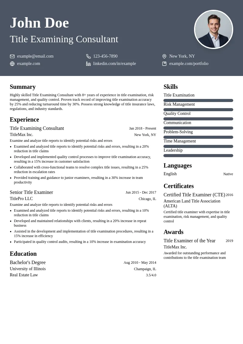 Title Examining Consultant resume example