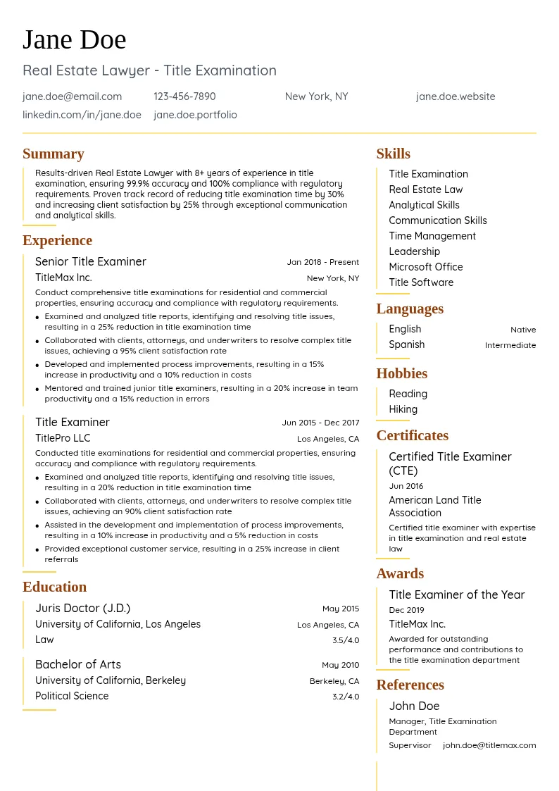 Real Estate Lawyer - Title Examination resume example