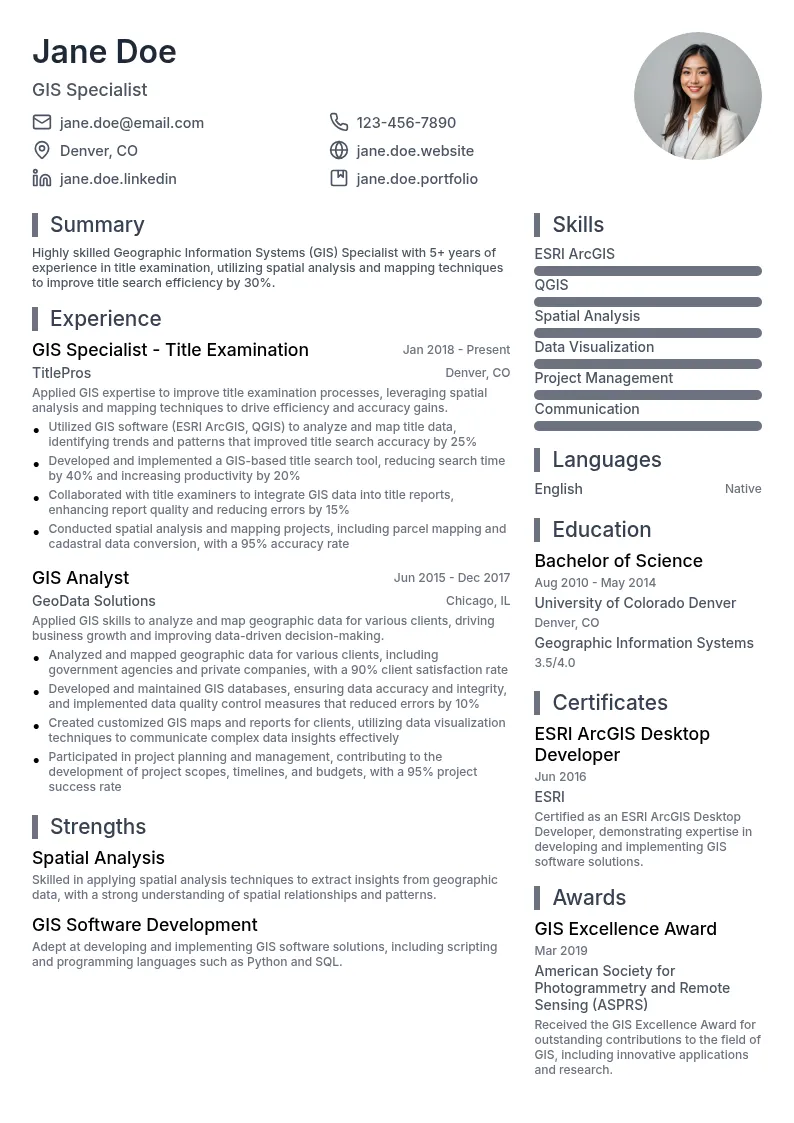 Geographic Information Systems (GIS) Specialist - Title Examination resume example