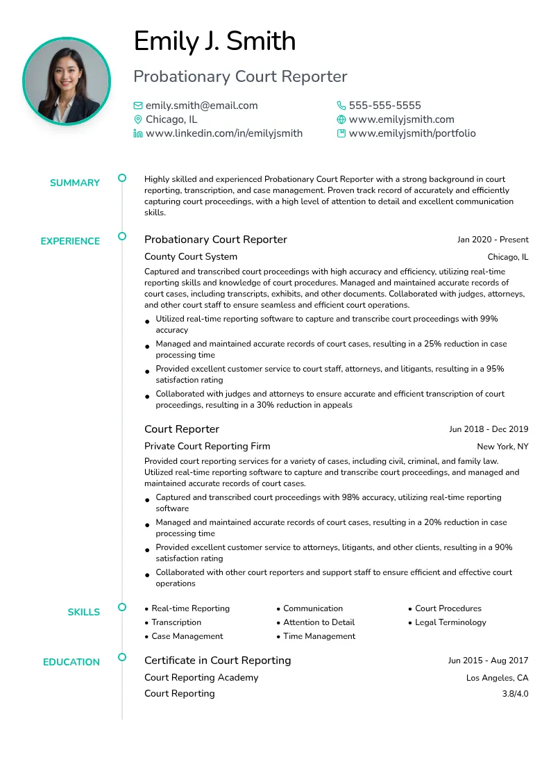 Probationary Court Reporter resume example
