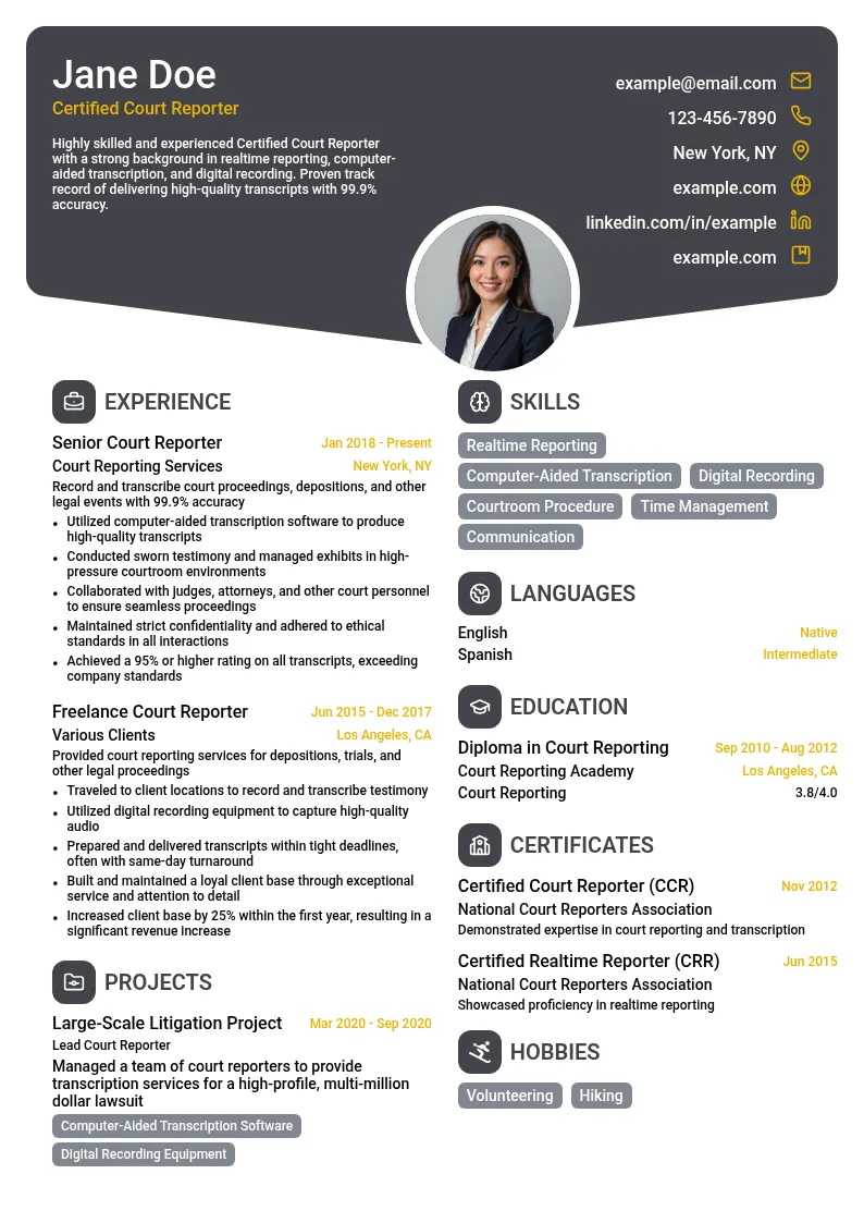 Certified Court Reporter (CCR) resume example