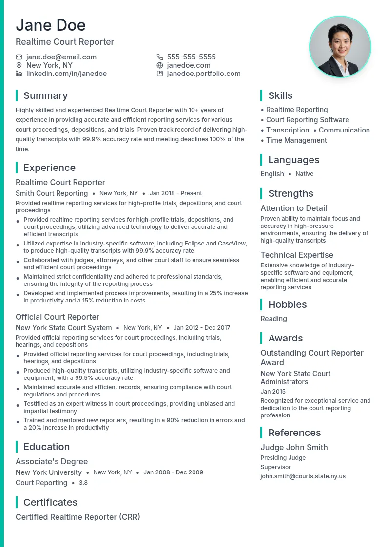 Realtime Court Reporter resume example