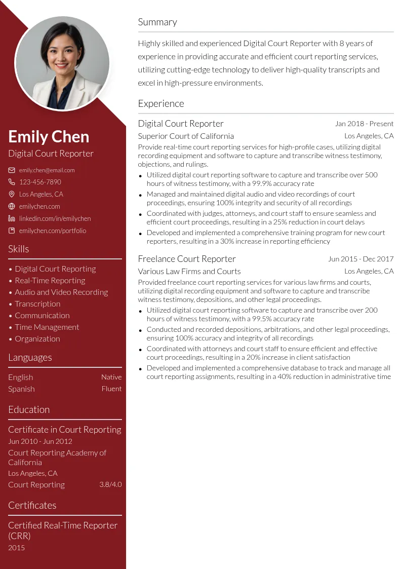 Digital Court Reporter resume example