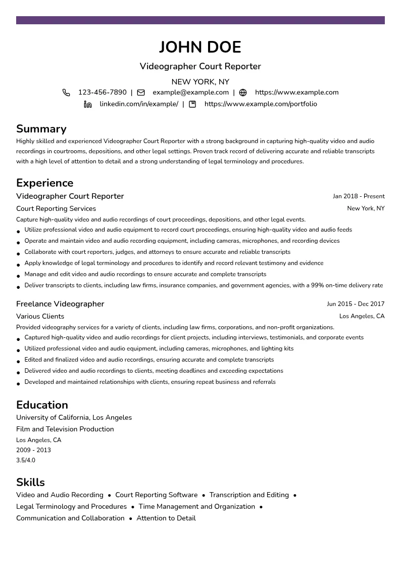 Videographer Court Reporter resume example