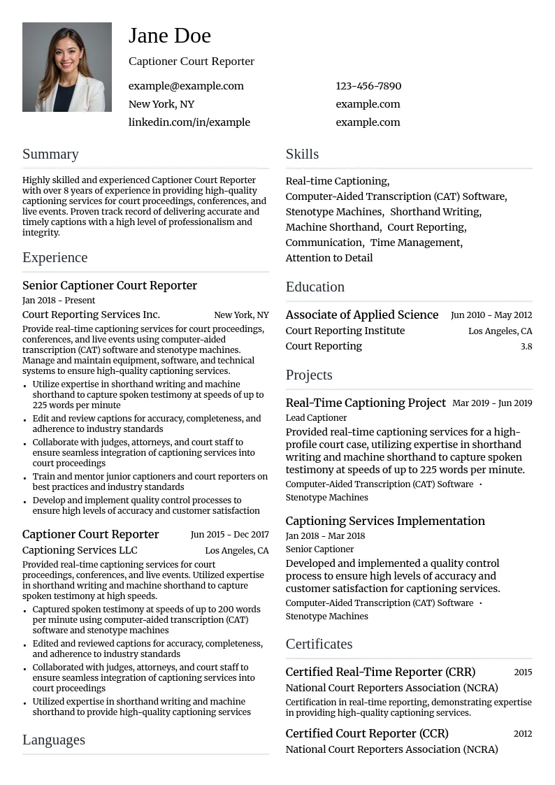 Captioner Court Reporter resume example