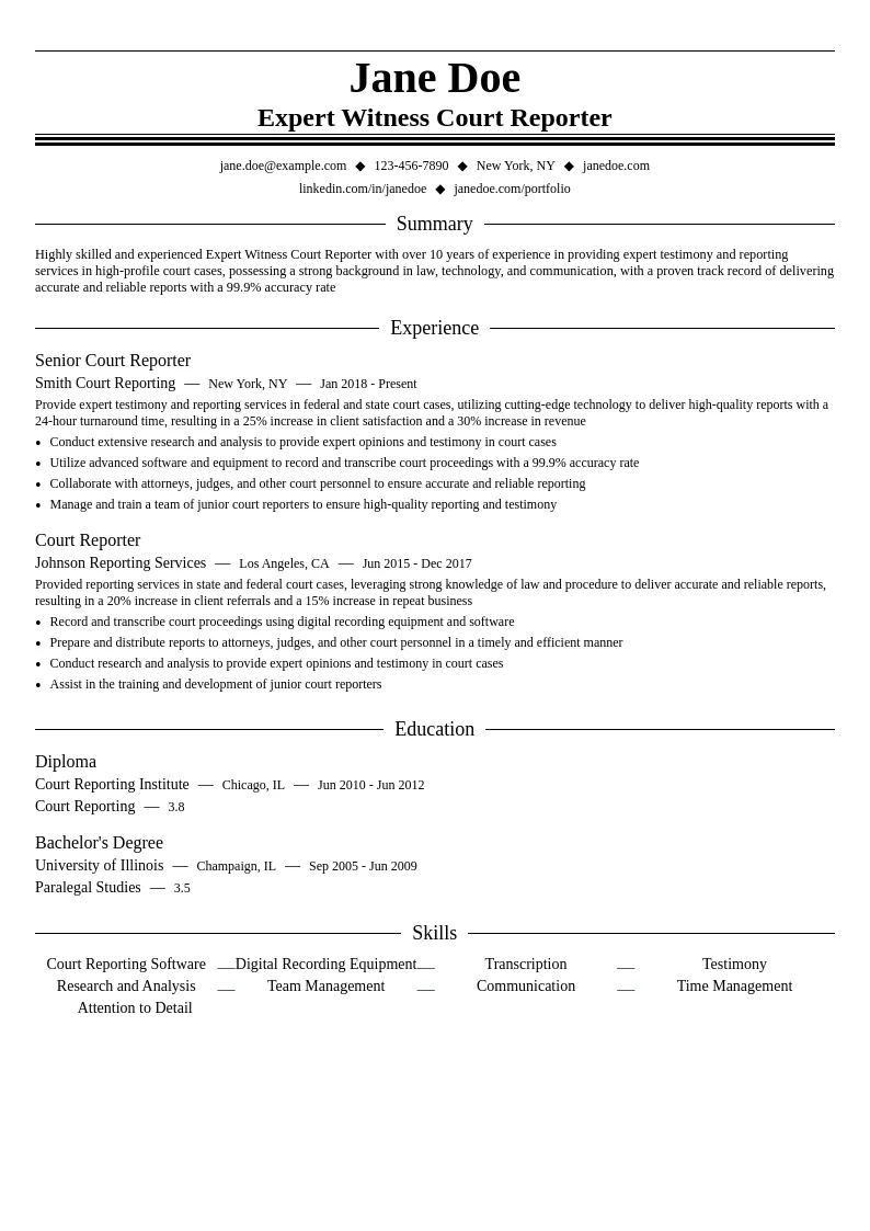 Expert Witness Court Reporter resume example