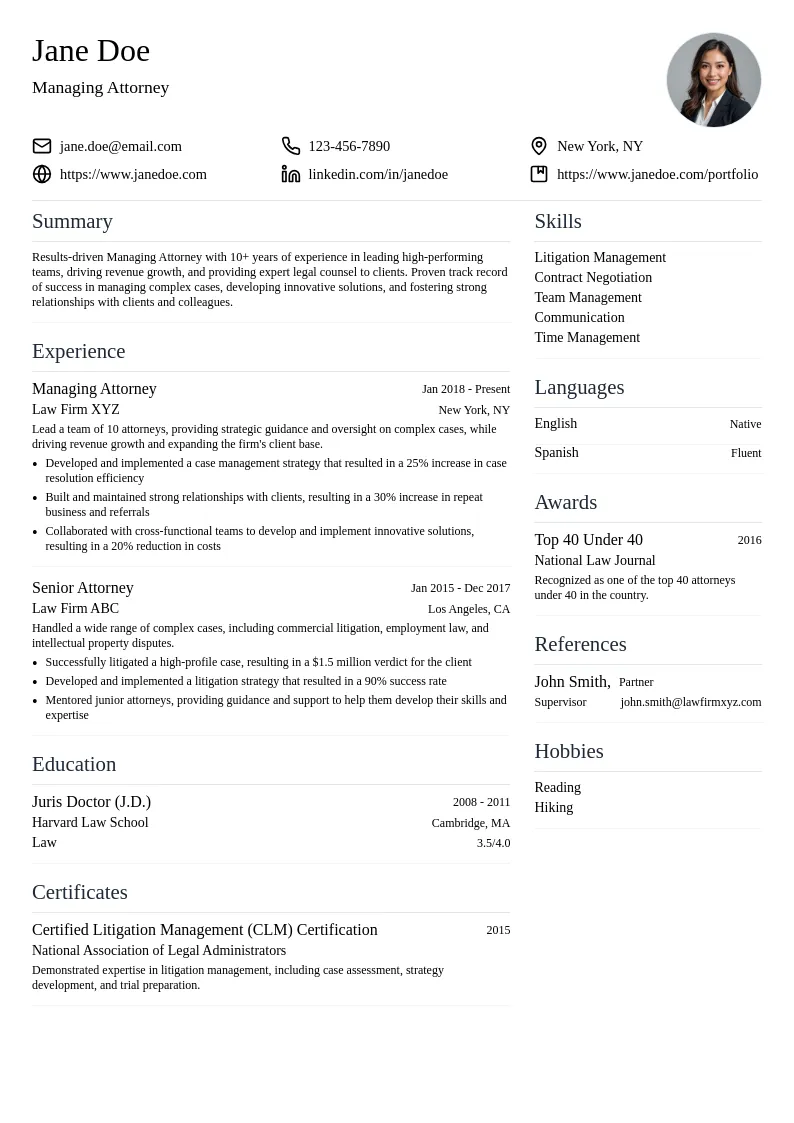 Managing Attorney resume example