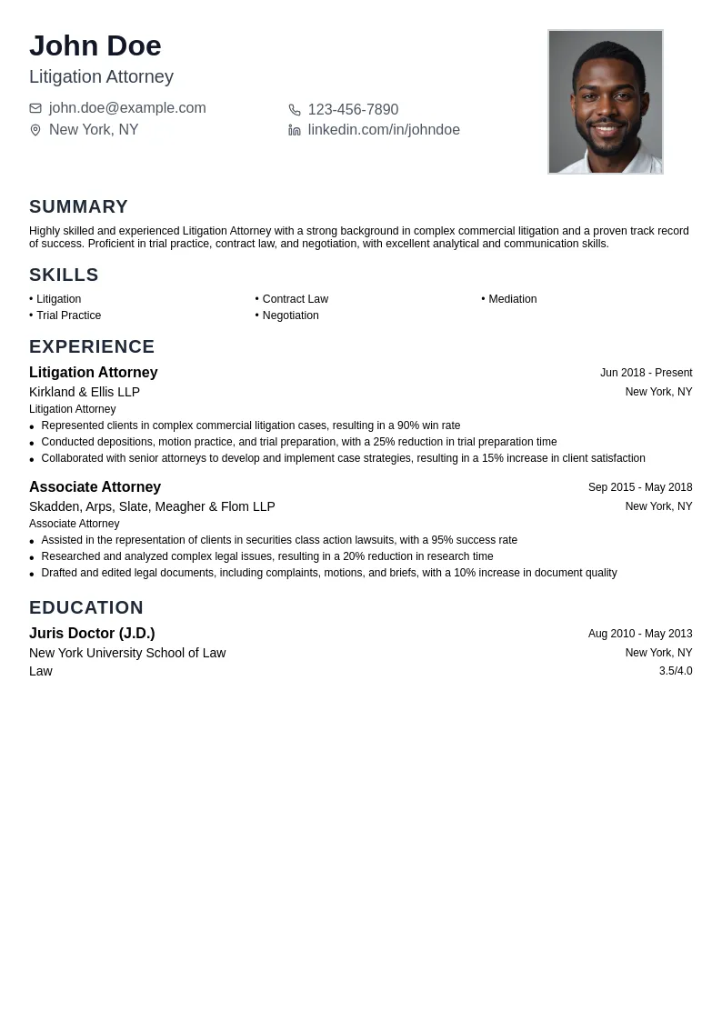 Litigation Attorney resume example