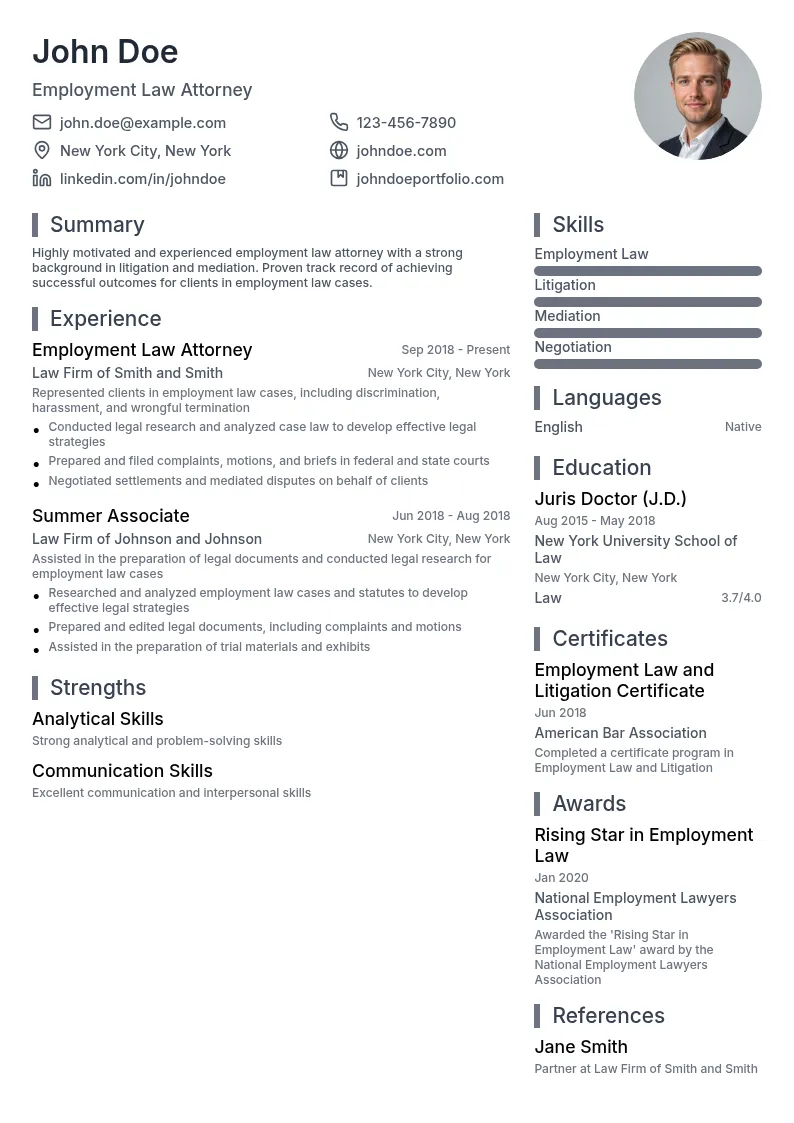 Employment Law Attorney resume example