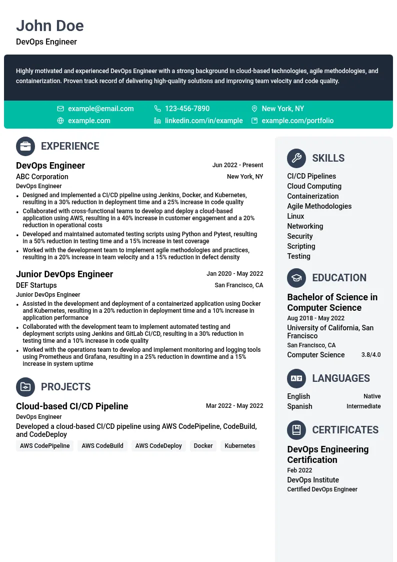 DevOps Engineer - Agile resume example
