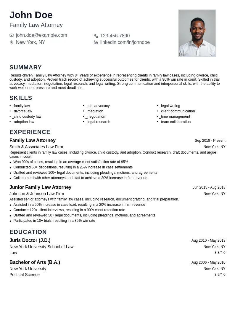 Family Law Attorney resume example