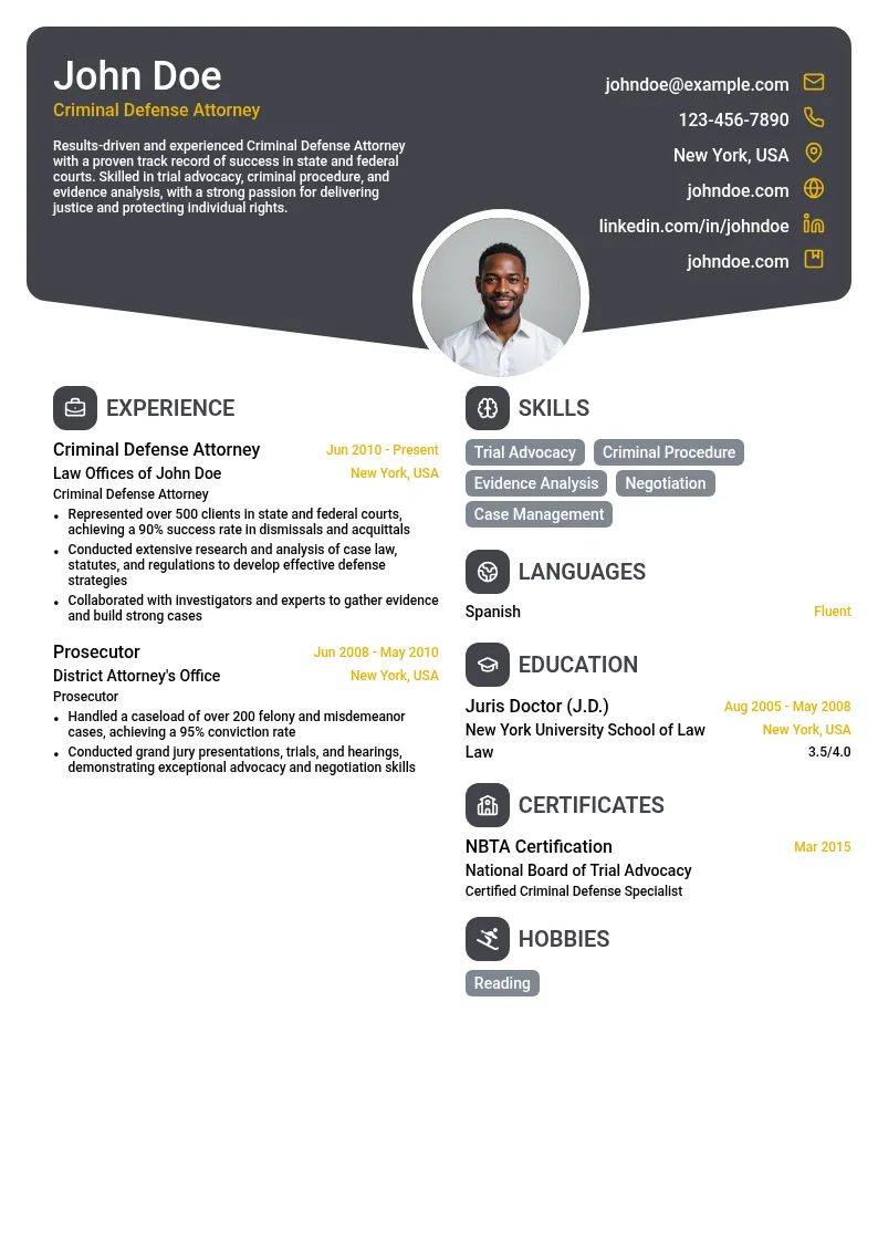 Criminal Defense Attorney resume example