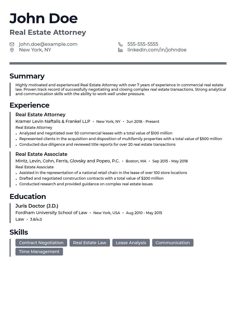 Real Estate Attorney resume example