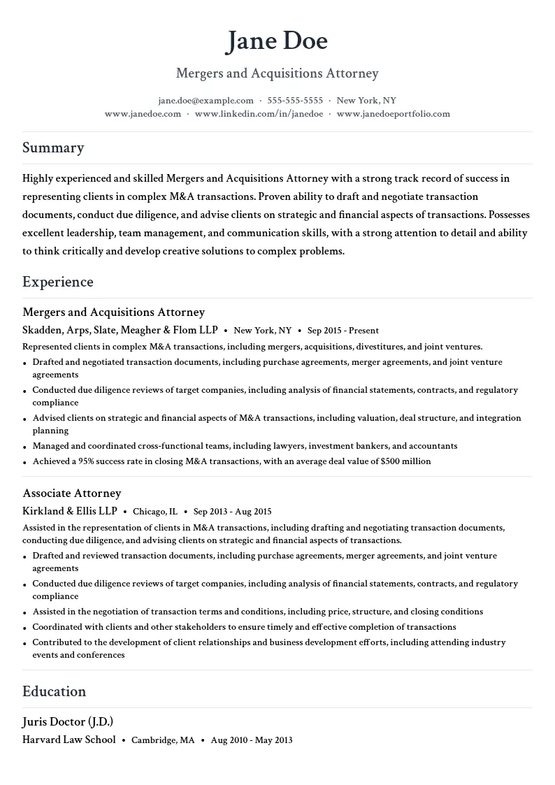 Mergers and Acquisitions Attorney resume example