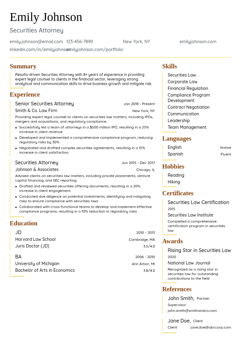 Securities Attorney resume example