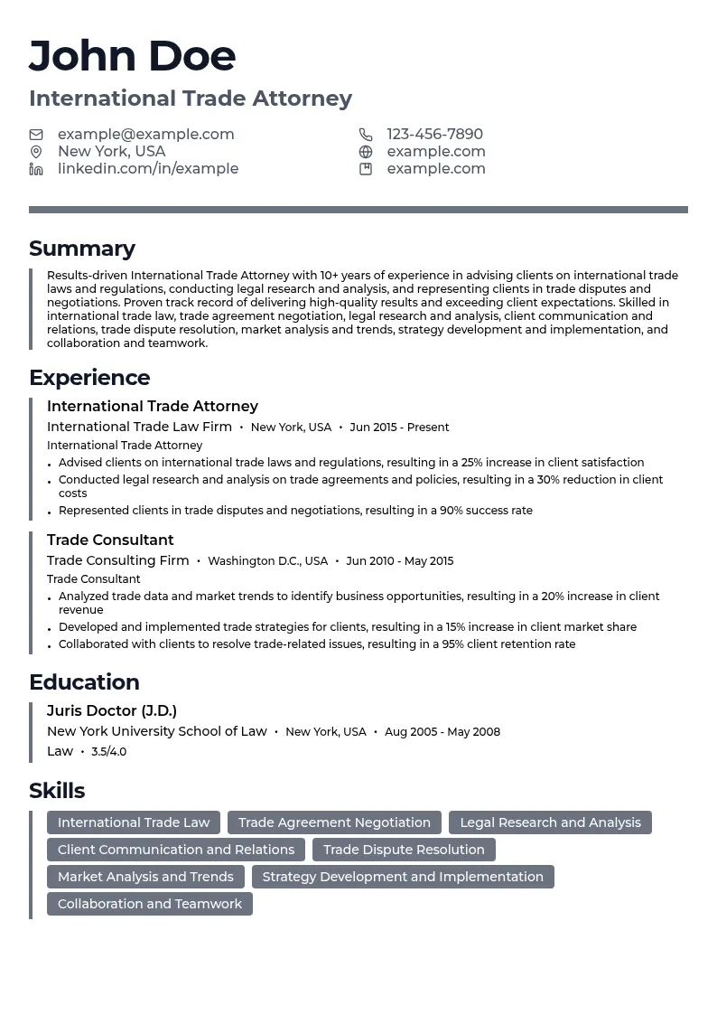 International Trade Attorney resume example