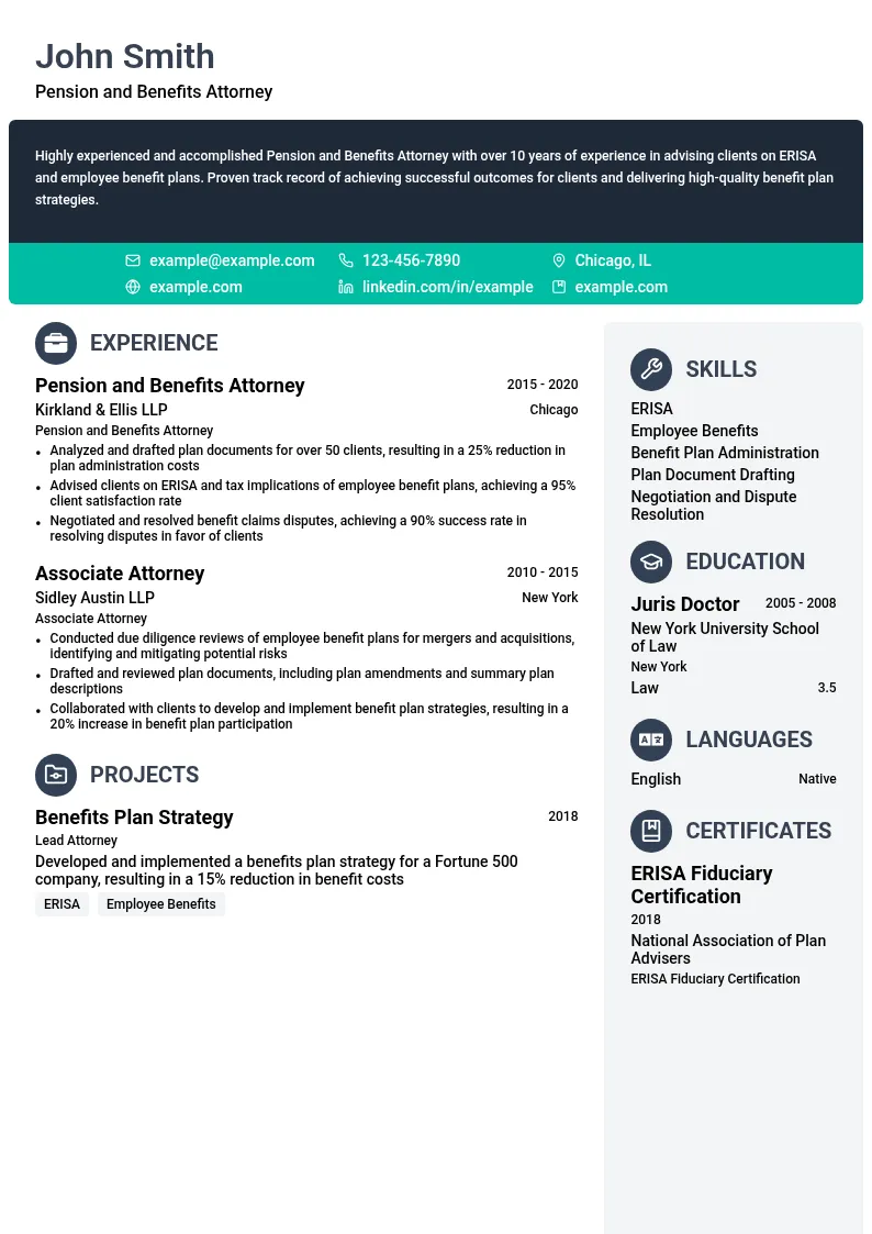 Pension and Benefits Attorney resume example