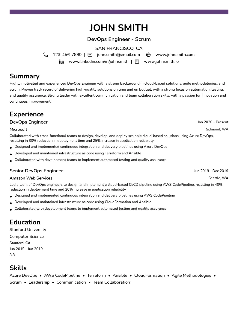 DevOps Engineer - Scrum resume example