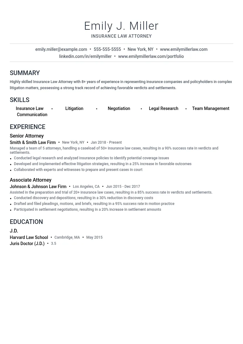 Insurance Law Attorney resume example