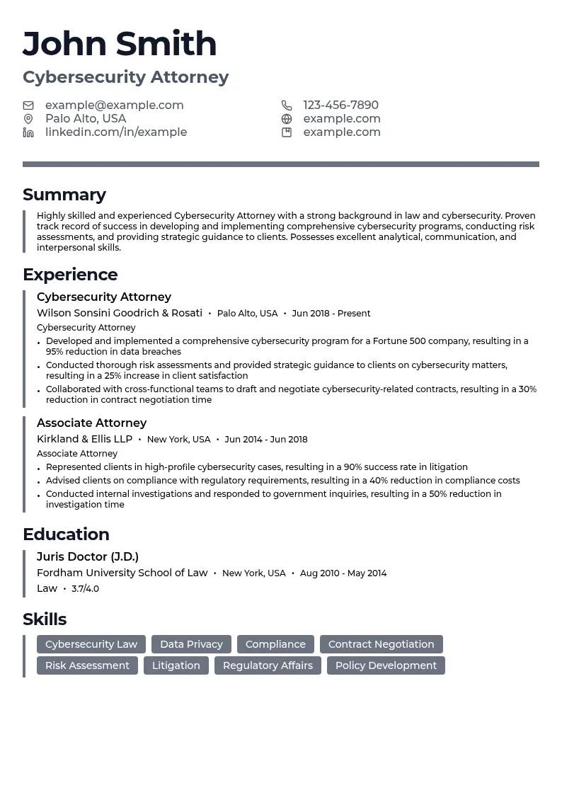 Cybersecurity Attorney resume example