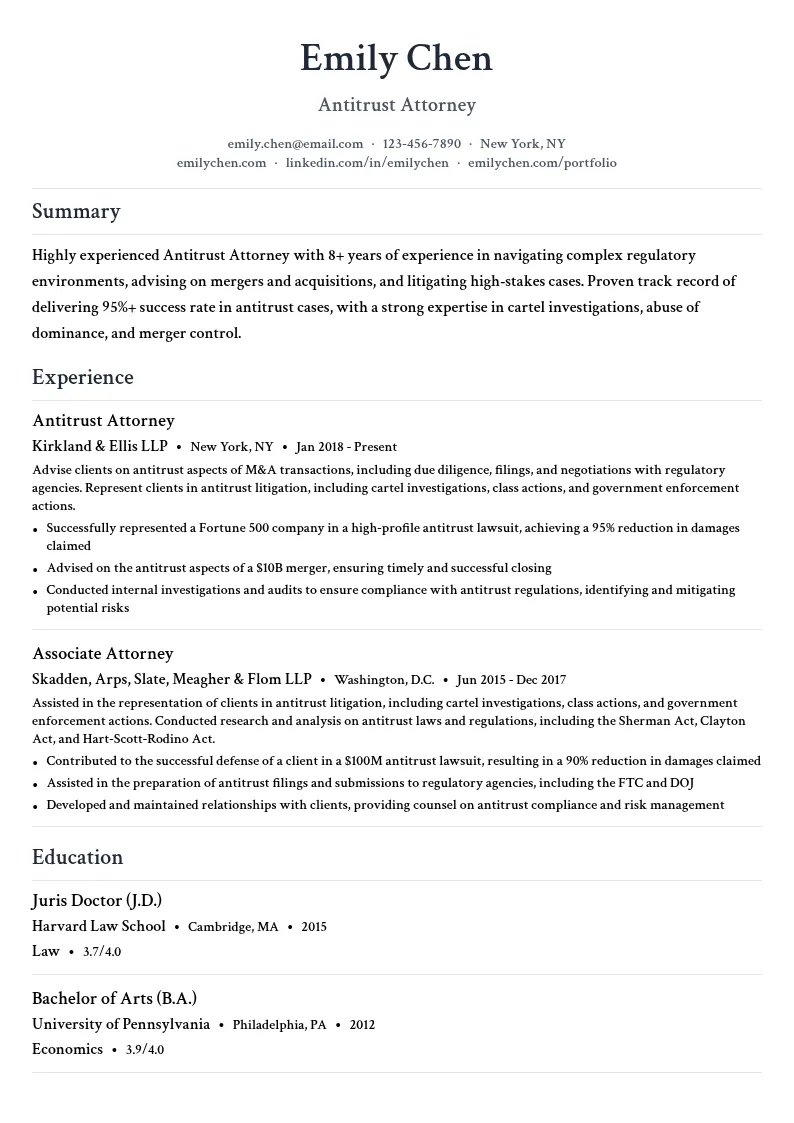 Antitrust Attorney resume example
