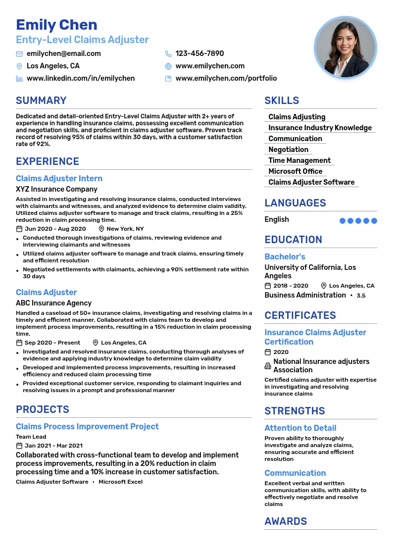 Entry-Level Claims Adjuster resume example