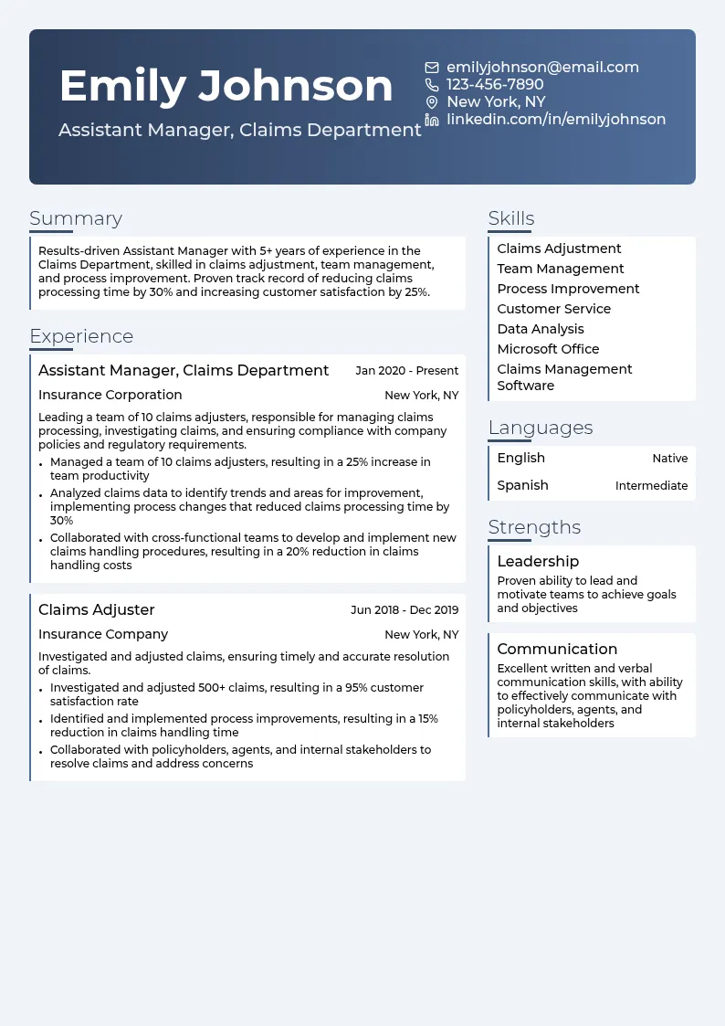 Assistant Manager, Claims Department resume example
