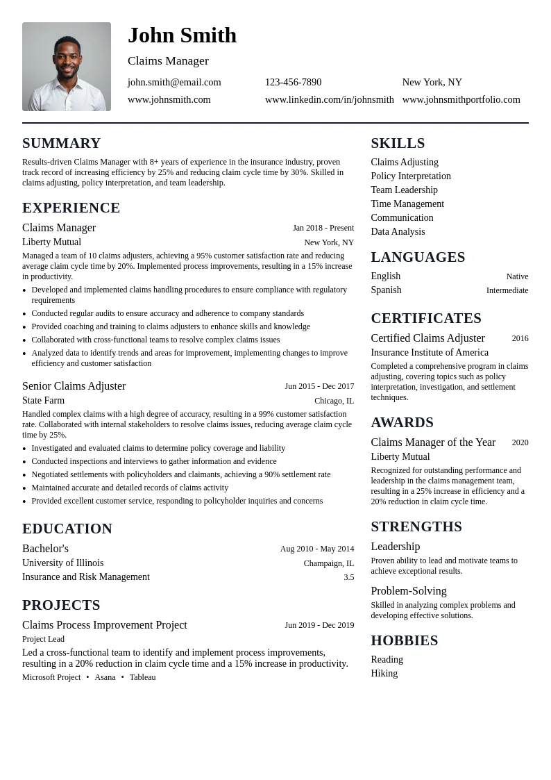 Claims Manager resume example