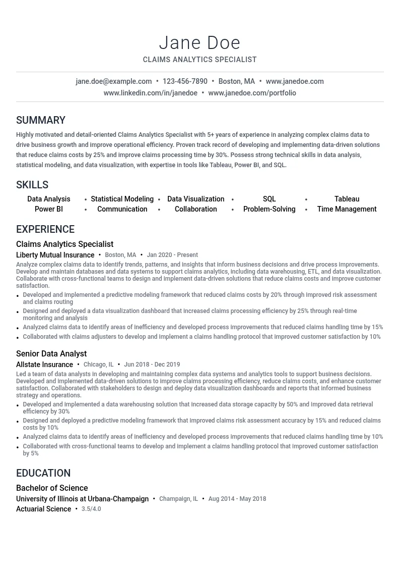 Claims Analytics Specialist resume example