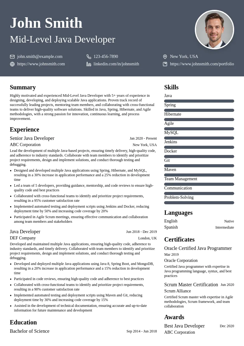 Mid-Level Java Developer resume example