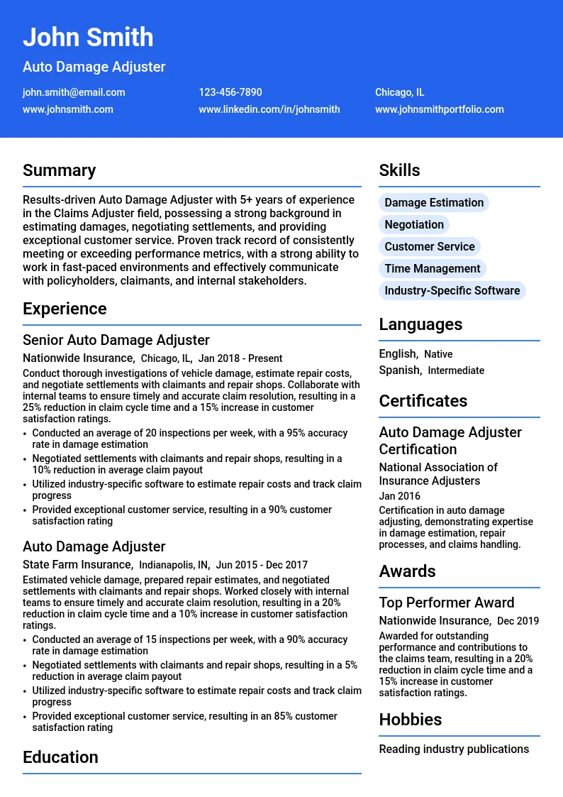 Auto Damage Adjuster resume example