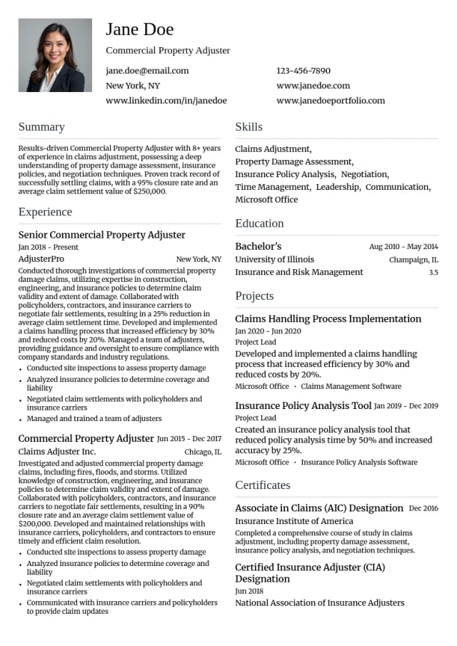 Commercial Property Adjuster resume example
