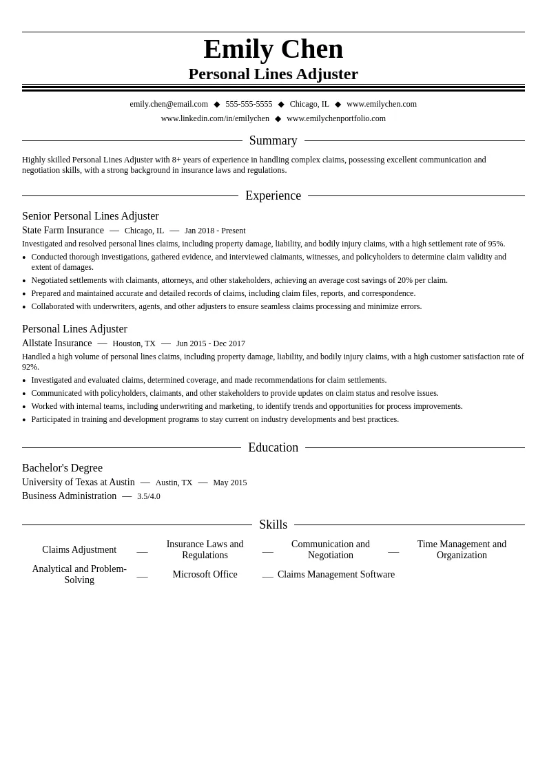 Personal Lines Adjuster resume example