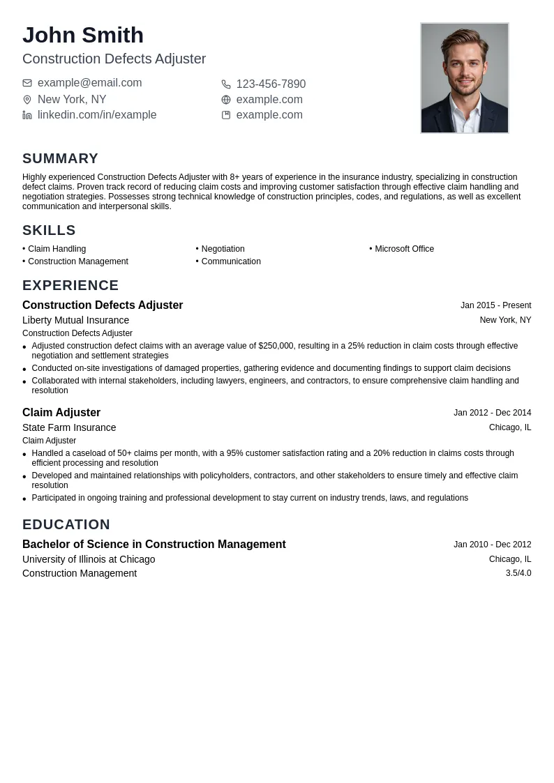 Construction Defects Adjuster resume example