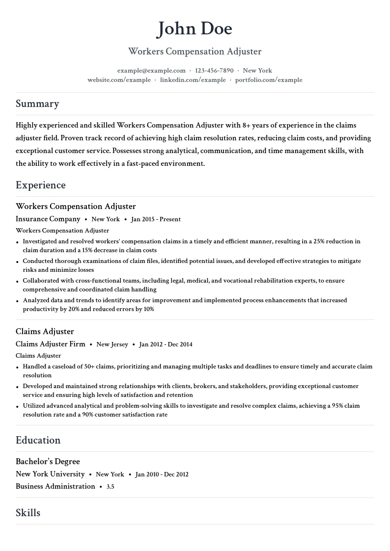 Workers Compensation Adjuster resume example