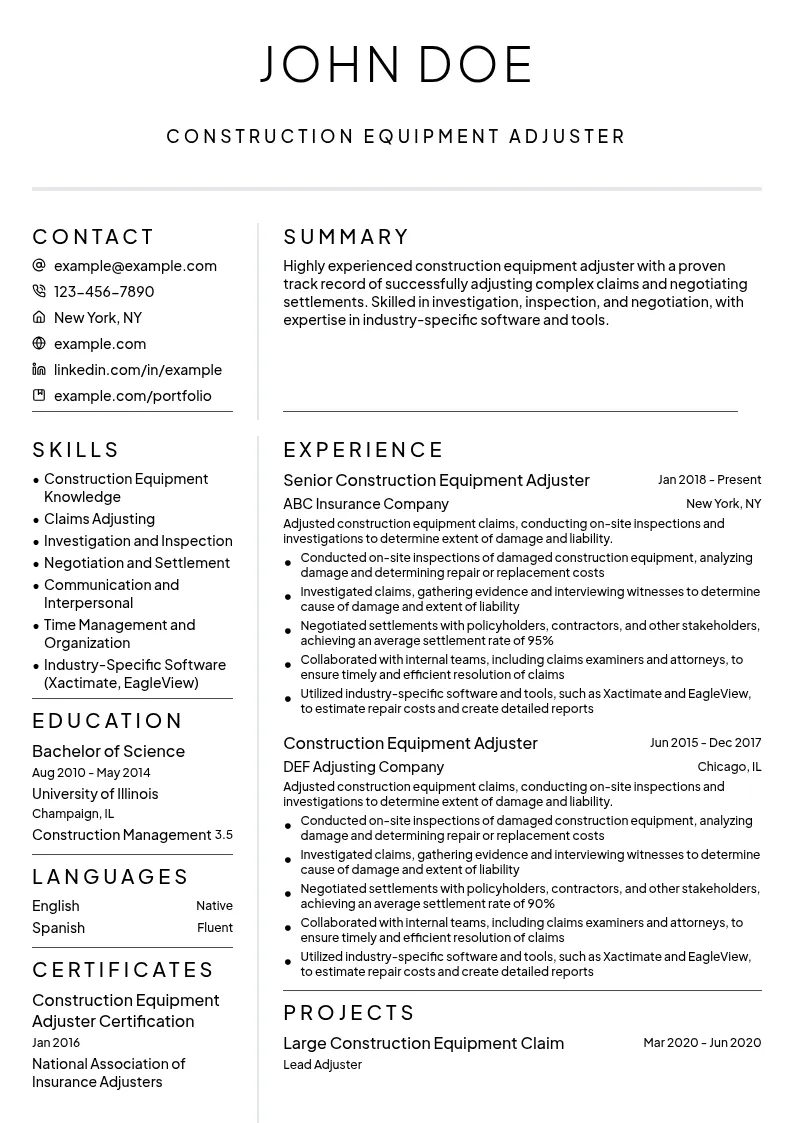 Construction Equipment Adjuster resume example