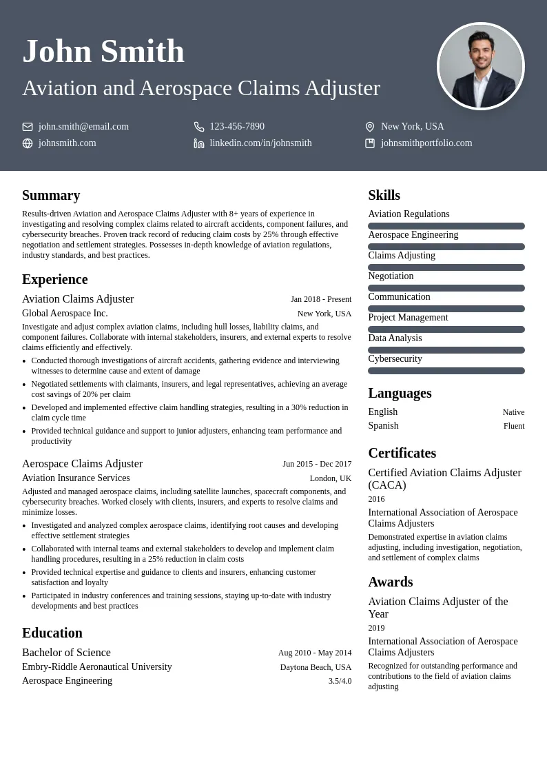 Aviation and Aerospace Claims Adjuster resume example
