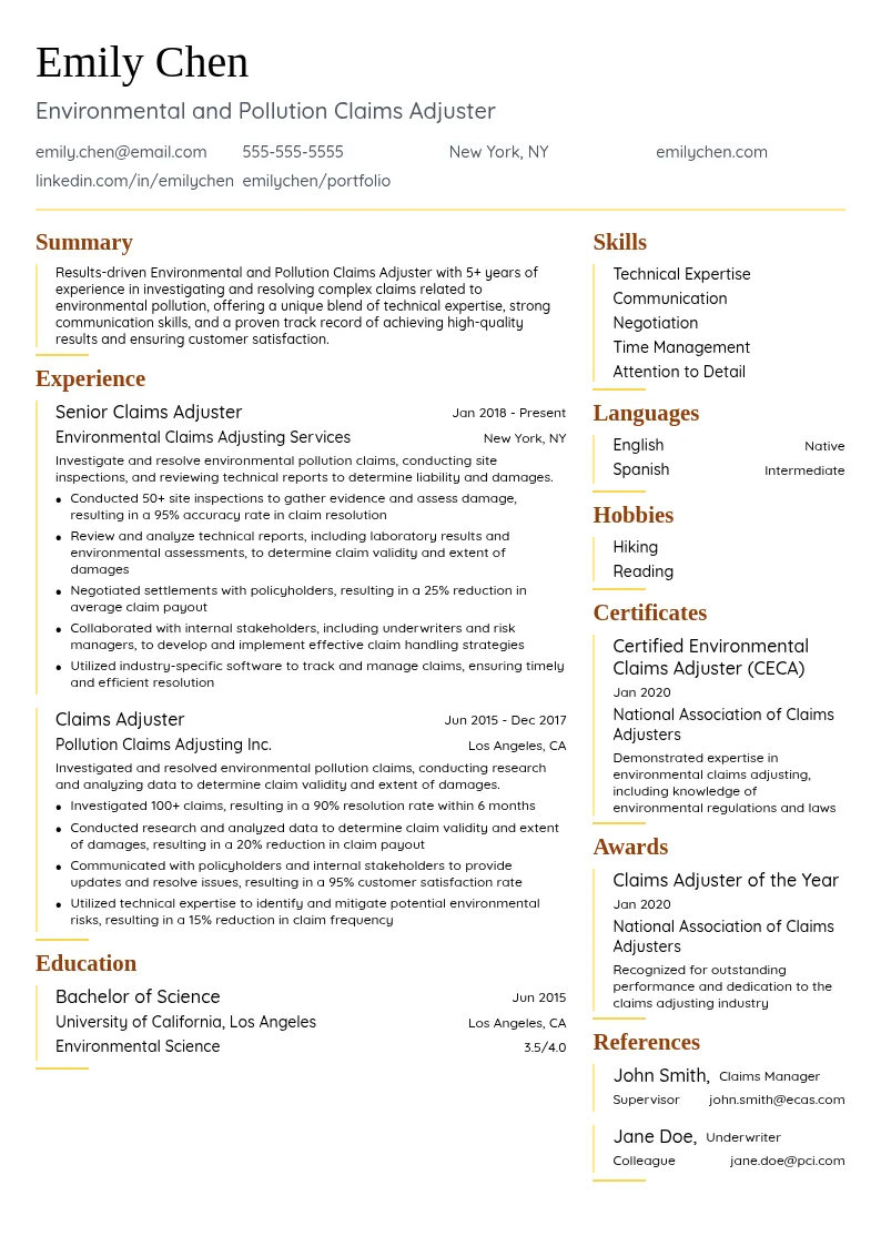 Environmental and Pollution Claims Adjuster resume example