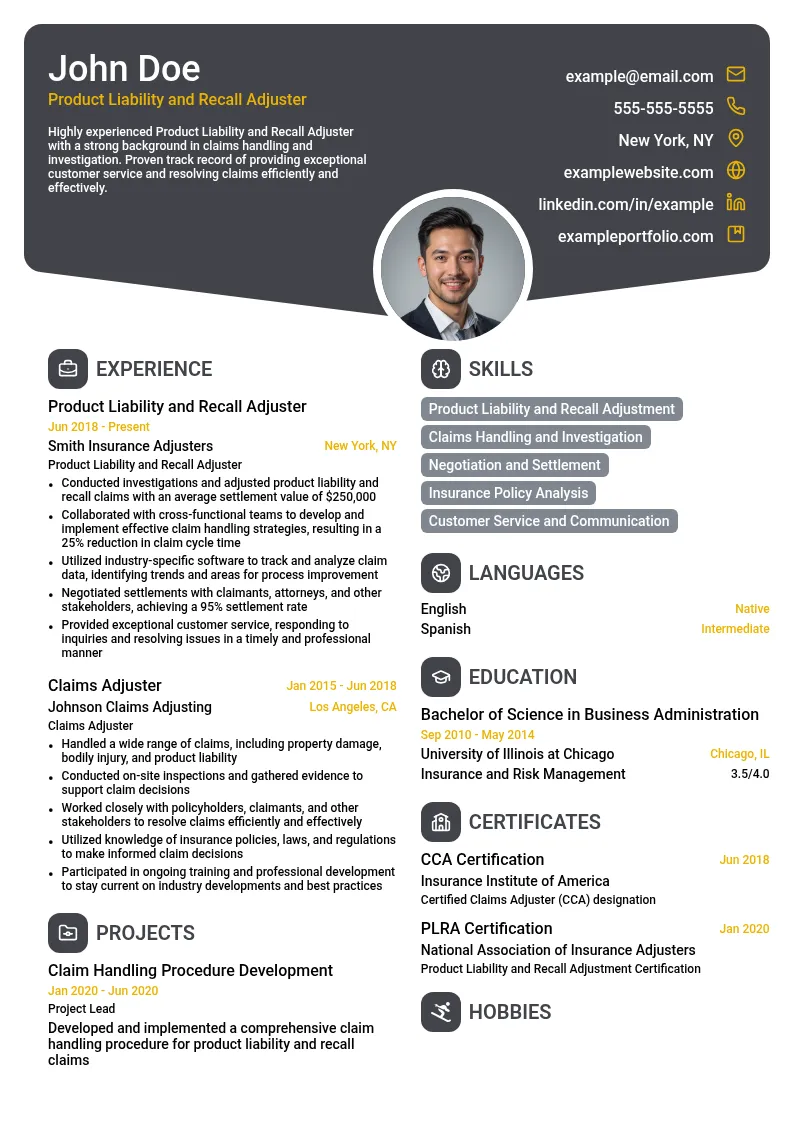 Product Liability and Recall Adjuster resume example