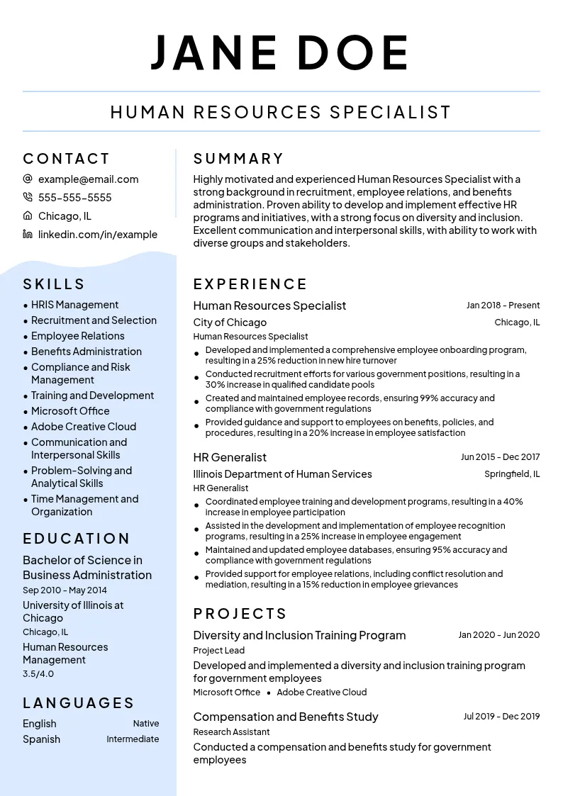 Human Resources Specialist resume example