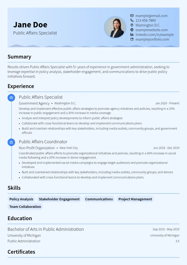 Public Affairs Specialist resume example