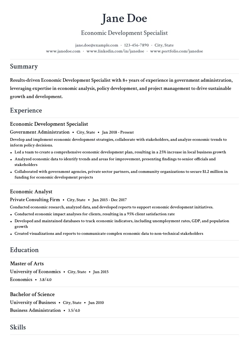 Economic Development Specialist resume example