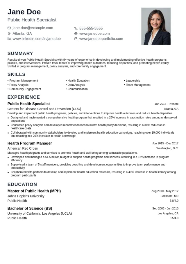 Public Health Specialist resume example
