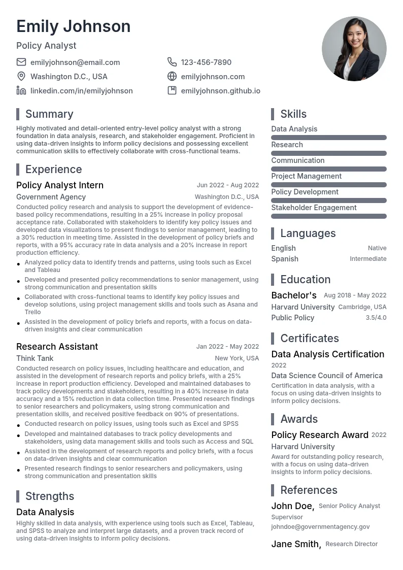 Policy Analyst - Entry Level resume example