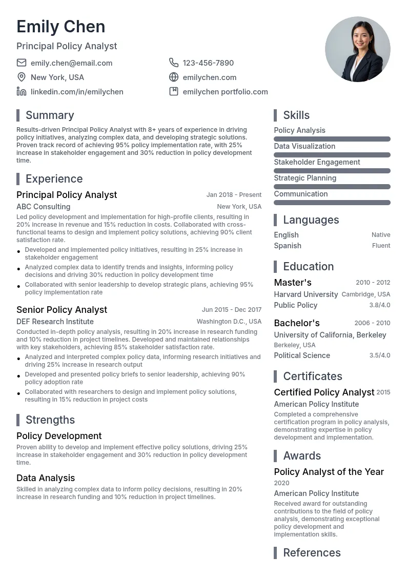 Principal Policy Analyst resume example