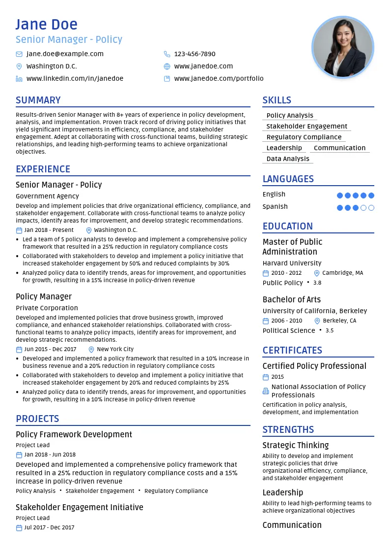 Senior Manager - Policy resume example