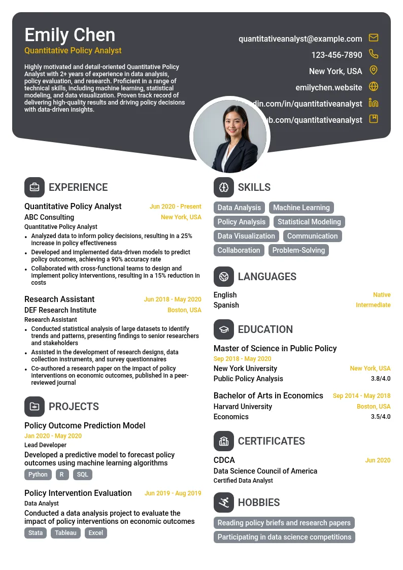 Quantitative Policy Analyst resume example
