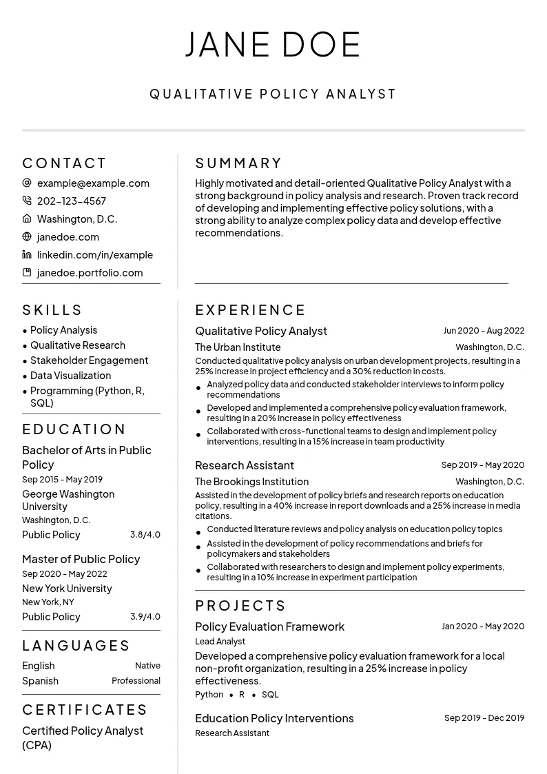 Qualitative Policy Analyst resume example