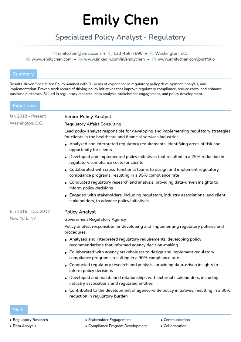 Specialized Policy Analyst - Regulatory resume example